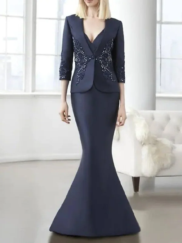 Mermaid / Trumpet Mother of the Bride Dress Elegant V Neck Floor Length Lace Satin Half Sleeve with Lace Crystals Mermaid / Trumpet Mother of the Bride Dress Elegant V Neck Floor Length Lace Satin Half Sleeve with Lace Crystals