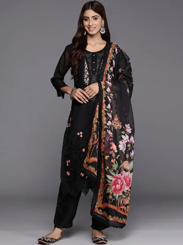 Women's Black Embroidered Straight Kurta Trousers With Dupatta Set - Indo Era Trousers Harem Relaxed Fit