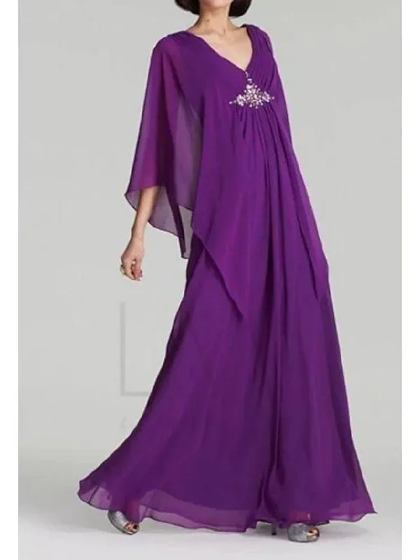 A-Line Mother of the Bride Dress Sweet V Neck Floor Length Chiffon Satin 3/4 Length Sleeve with Sequin A-Line Mother of the Bride Dress Sweet V Neck Floor Length Chiffon Satin 3/4 Length Sleeve with Sequin
