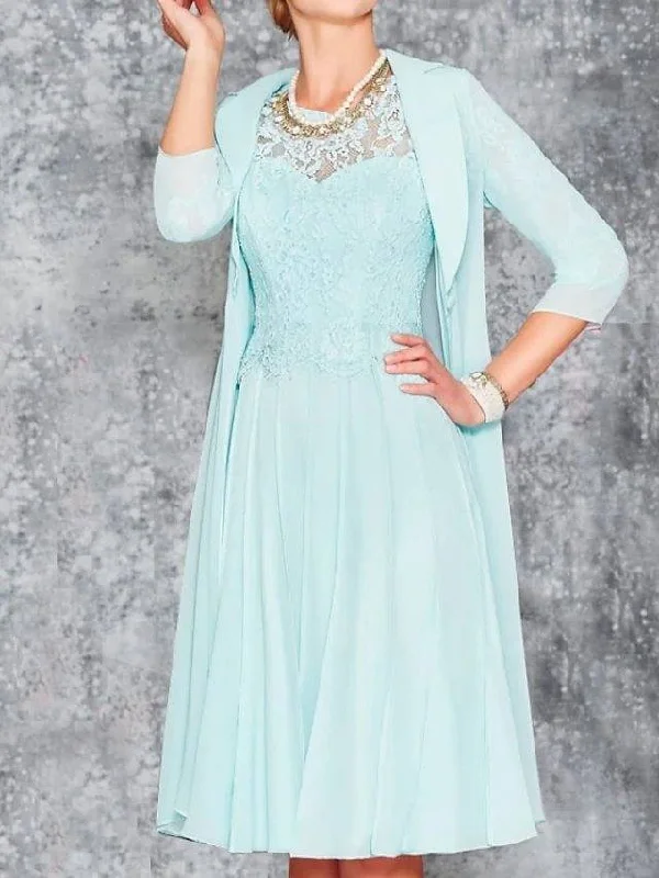 Two Piece A-Line Mother of the Bride Dress Elegant Jewel Neck Knee Length Chiffon Lace 3/4 Length Sleeve with Pleats Embroidery Two Piece A-Line Mother of the Bride Dress Elegant Jewel Neck Knee Length Chiffon Lace 3/4 Length Sleeve with Pleats Embroidery