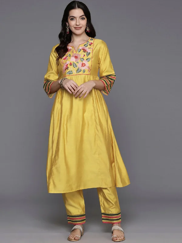 Women's Yellow Embroidered A-Line Kurta Trousers  Set - Indo Era Trousers fashionable trendy