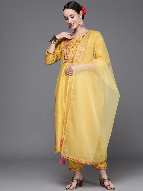 Women's Yellow Embroidered Straight Kurta Trousers With Dupatta Set - Indo Era Trousers Bootcut Casual