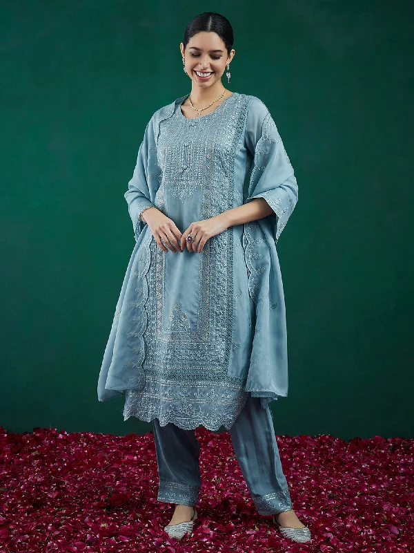 Women's Blue Embroidered Straight Kurta Trousers With Dupatta Set - Indo Era Trousers sophisticated sleek