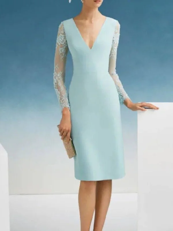Sheath / Column Mother of the Bride Dress Elegant V Neck Knee Length Satin Long Sleeve with Embroidery Sheath / Column Mother of the Bride Dress Elegant V Neck Knee Length Satin Long Sleeve with Embroidery