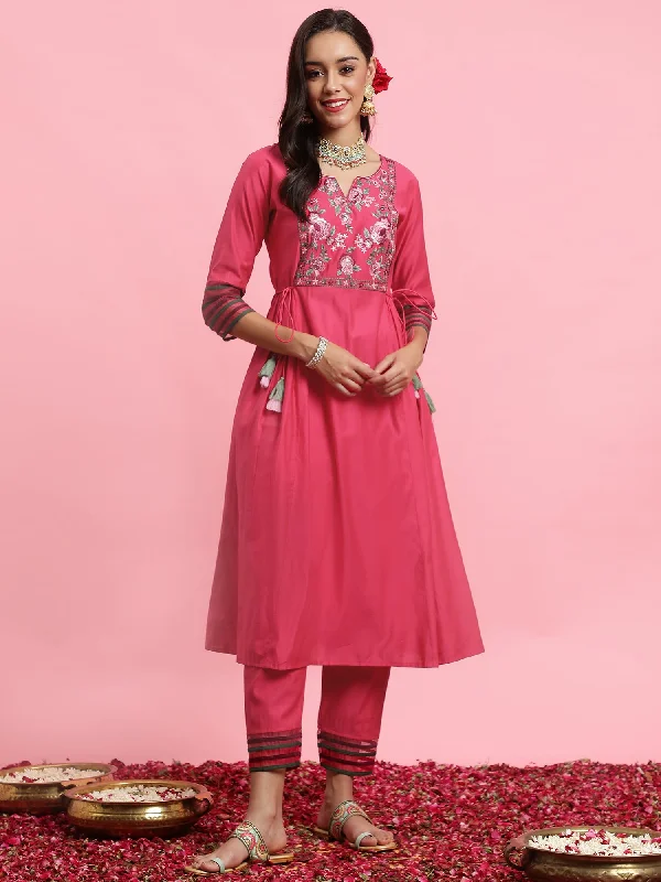 Women's Pink Embroidered A-Line Kurta Trousers Set - Indo Era Trousers luxurious premium