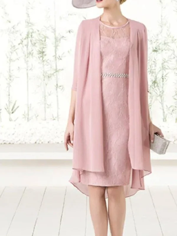 Sheath / Column Mother of the Bride Dress Elegant Jewel Neck Knee Length Chiffon Lace Half Sleeve with Sash / Ribbon Sheath / Column Mother of the Bride Dress Elegant Jewel Neck Knee Length Chiffon Lace Half Sleeve with Sash / Ribbon
