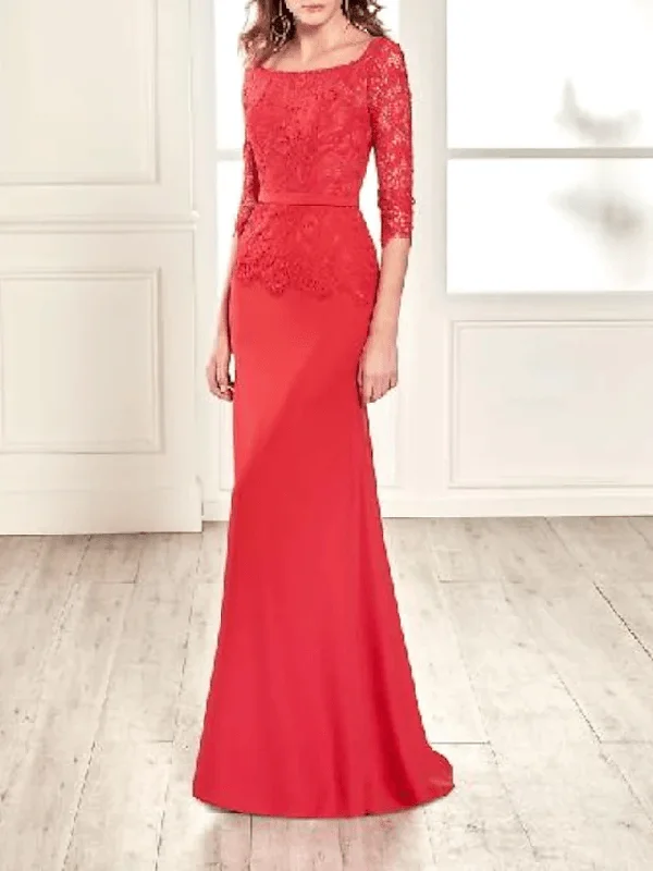 Sheath / Column Mother of the Bride Dress Elegant Jewel Neck Floor Length Lace Stretch Fabric Half Sleeve with Appliques Sheath / Column Mother of the Bride Dress Elegant Jewel Neck Floor Length Lace Stretch Fabric Half Sleeve with Appliques