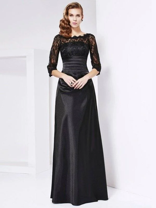 Sheath/Column Off the Shoulder 3/4 Sleeves Lace Long Elastic Woven Satin Mother of the Bride Dresses Sheath/Column Off the Shoulder 3/4 Sleeves Lace Long Elastic Woven Satin Mother of the Bride Dresses