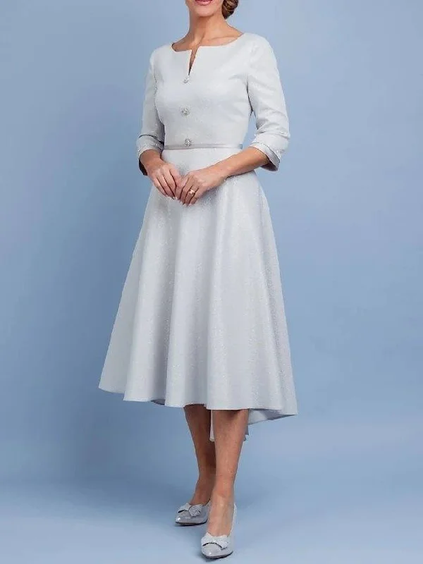 A-Line Mother of the Bride Dress Elegant Off Shoulder Tea Length Satin Half Sleeve with Pleats A-Line Mother of the Bride Dress Elegant Off Shoulder Tea Length Satin Half Sleeve with Pleats