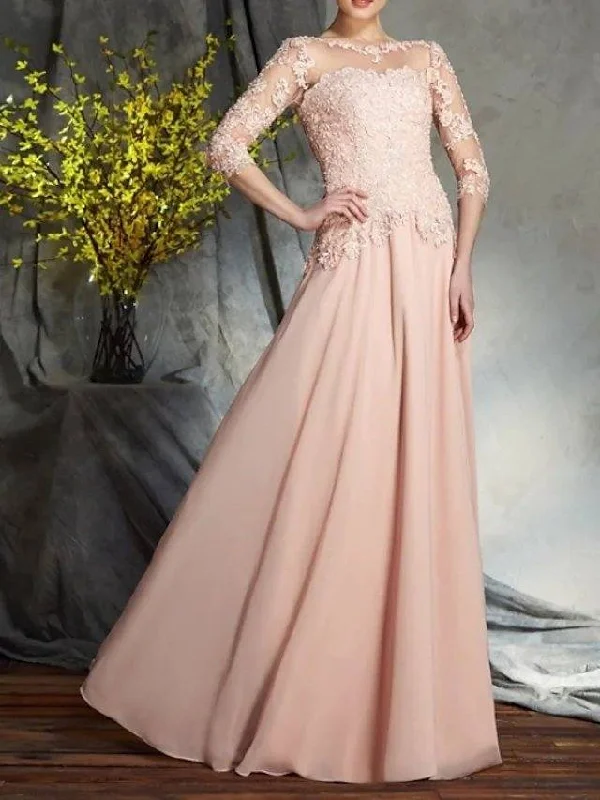 A-Line Mother of the Bride Dress Elegant Illusion Neck Floor Length Chiffon Lace 3/4 Length Sleeve with Pleats Appliques A-Line Mother of the Bride Dress Elegant Illusion Neck Floor Length Chiffon Lace 3/4 Length Sleeve with Pleats Appliques