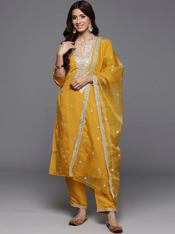 Women's Mustard Embroidered Straight Kurta Trousers With Dupatta Set - Indo Era Trousers Polka Dot Cute