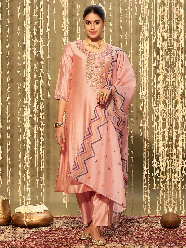 Women's Pink Embroidered Straight Kurta Trousers With Dupatta Set - Indo Era Trousers Handmade Artisanal