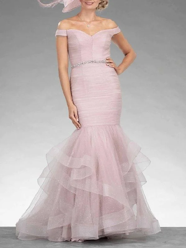 Mermaid / Trumpet Mother of the Bride Dress Elegant Sexy Off Shoulder Floor Length Tulle Short Sleeve with Tier Crystal Brooch Ruching Mermaid / Trumpet Mother of the Bride Dress Elegant Sexy Off Shoulder Floor Length Tulle Short Sleeve with Tier Crystal Brooch Ruching