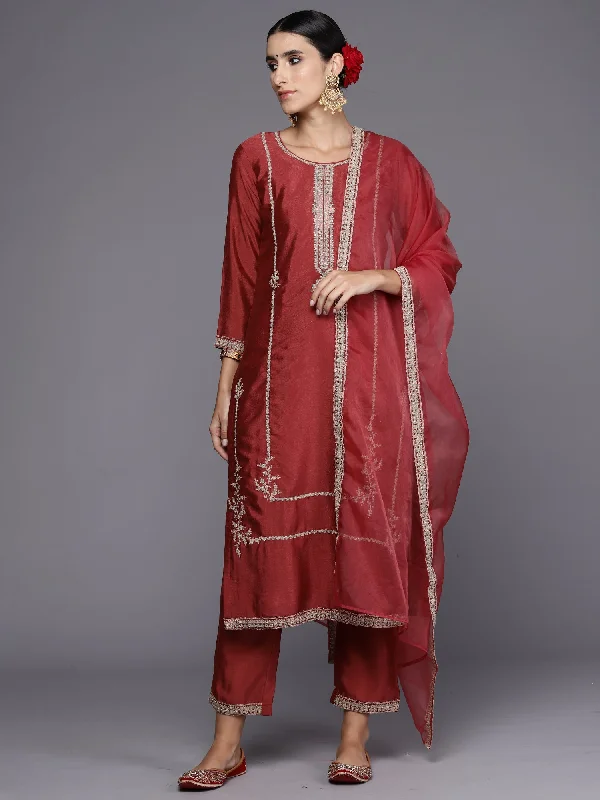 Women's Rust Embroidered Straight Kurta Trousers With Dupatta Set - Indo Era Trousers Cargo Utility