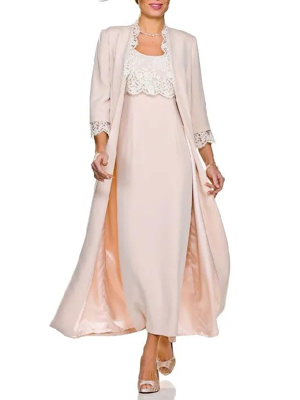 Two Piece Sheath / Column Mother of the Bride Dress Elegant Jewel Neck Ankle Length Lace Stretch Fabric Sleeveless with Appliques