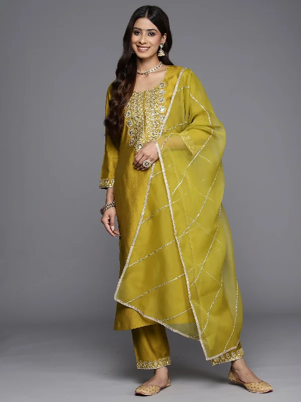 Women's Olive Embroidered Straight Kurta Trousers With Dupatta Set - Indo Era Trousers New Arrival