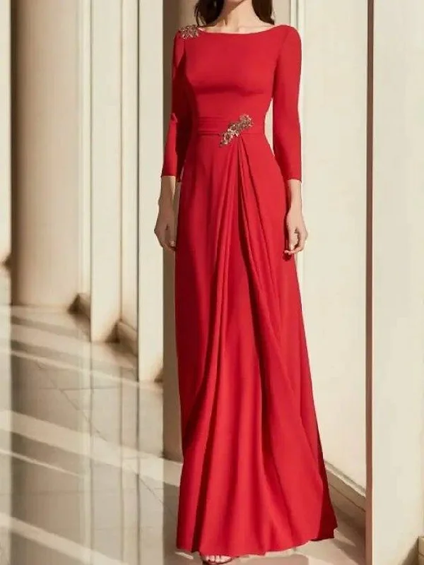 A-Line Mother of the Bride Dress Elegant Jewel Neck Floor Length Chiffon Long Sleeve with Pleats Crystal Brooch A-Line Mother of the Bride Dress Elegant Jewel Neck Floor Length Chiffon Long Sleeve with Pleats Crystal Brooch
