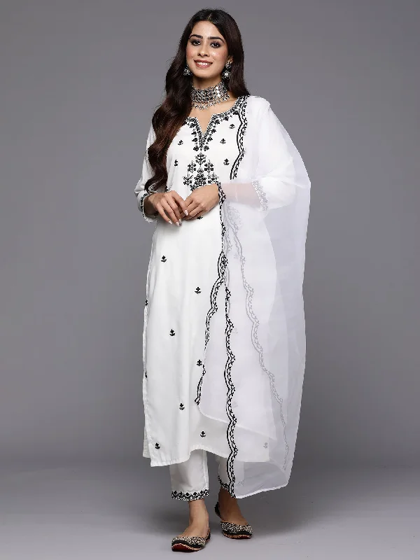 Women's White Embroidered Straight Kurta Trousers With Dupatta Set - Indo Era Trousers Denim Blue