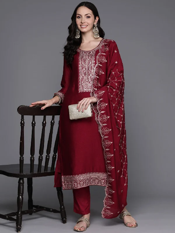 Women's Maroon Embroidered Straight Kurta Trousers With Dupatta Set - Indo Era Trousers Seasonal Trendy