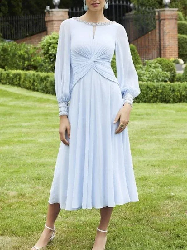 A-Line Mother of the Bride Dress Elegant Jewel Neck Knee Length Chiffon Long Sleeve with Pleats Beading A-Line Mother of the Bride Dress Elegant Jewel Neck Knee Length Chiffon Long Sleeve with Pleats Beading