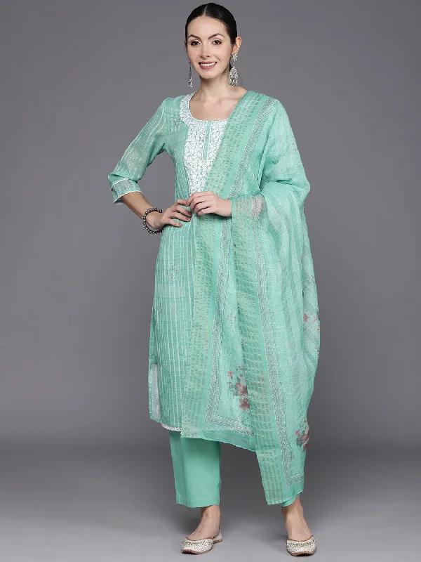 Women's Sea Green Embroidered Straight Kurta Trousers With Dupatta Set - Indo Era Trousers Summer Linen