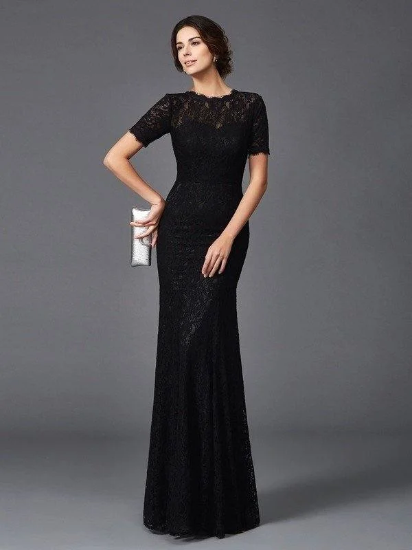 Sheath/Column Jewel Lace Short Sleeves Long Elastic Woven Satin Mother of the Bride Dresses Sheath/Column Jewel Lace Short Sleeves Long Elastic Woven Satin Mother of the Bride Dresses
