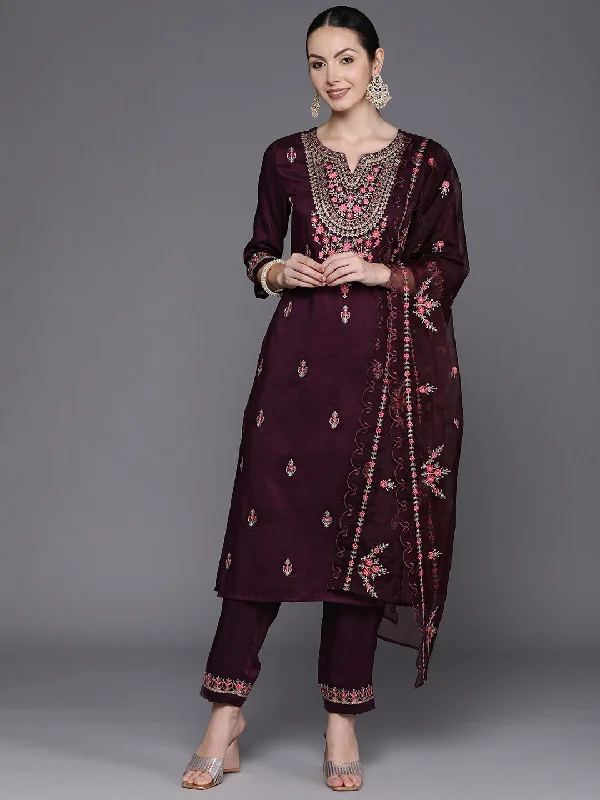 Women's Wine Embroidered Straight Kurta Trousers With Dupatta Set - Indo Era Trousers Top Rated