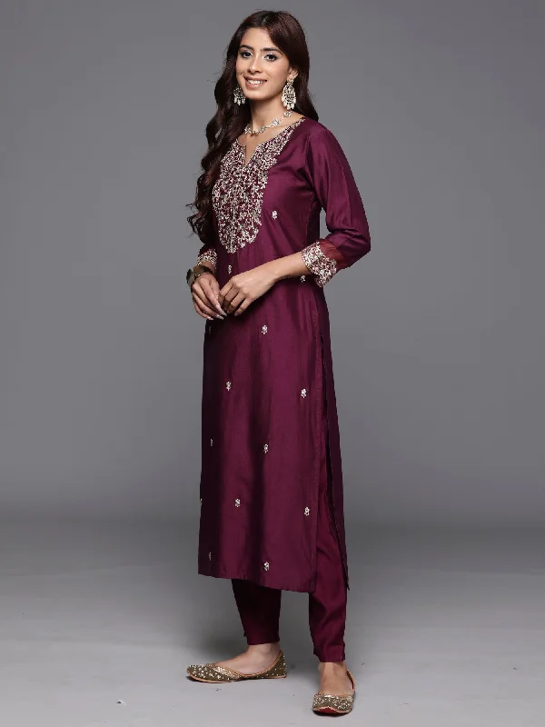 Women's Purple Embroidered Straight Kurta Trousers With Dupatta Set - Indo Era Trousers Lace Delicate