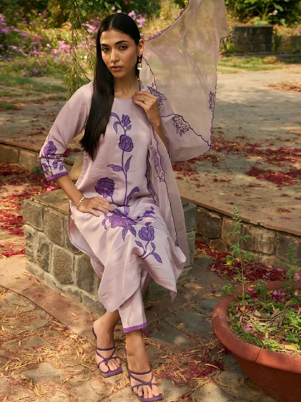 Women's Purple Embroidered Straight Kurta Trousers With Dupatta Set - Indo Era Trousers Chinos Classic