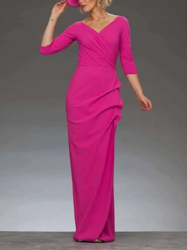 Sheath / Column Mother of the Bride Dress Elegant V Neck Floor Length Chiffon 3/4 Length Sleeve with Split Front Ruching Sheath / Column Mother of the Bride Dress Elegant V Neck Floor Length Chiffon 3/4 Length Sleeve with Split Front Ruching