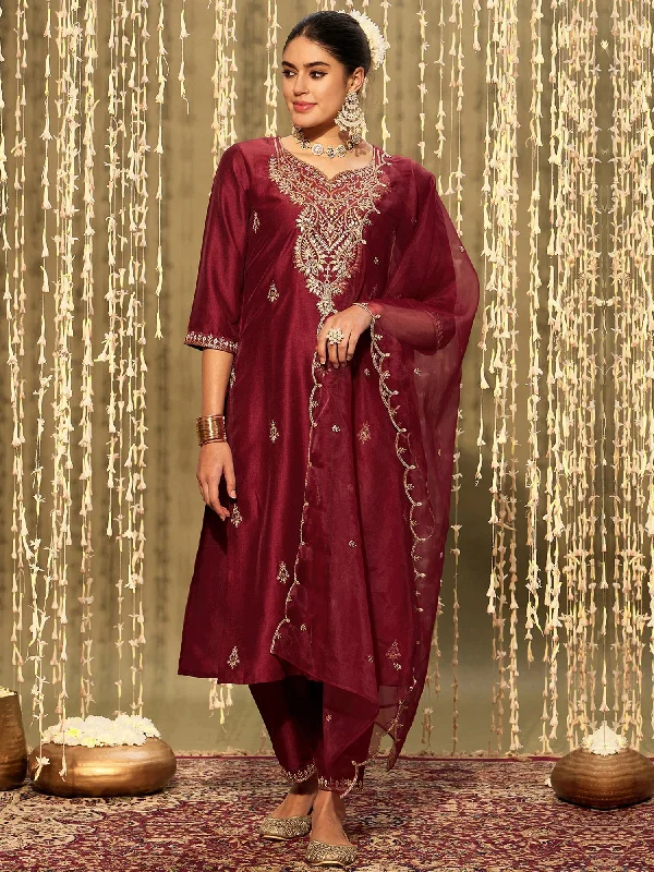 Women's Maroon Embroidered Straight Kurta Trousers With Dupatta Set - Indo Era Trousers Winter Warm