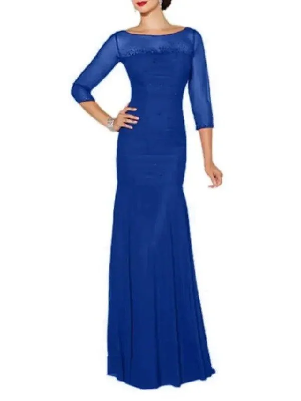Mermaid / Trumpet Mother of the Bride Dress Elegant Bateau Neck Floor Length Chiffon Tulle 3/4 Length Sleeve with Lace Appliques Mermaid / Trumpet Mother of the Bride Dress Elegant Bateau Neck Floor Length Chiffon Tulle 3/4 Length Sleeve with Lace Appliques