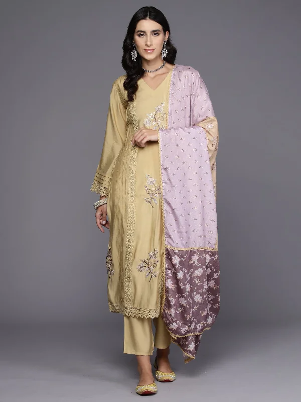 Women's Mustard Embroidered Straight Kurta Trousers With Dupatta Set - Indo Era Trousers Capri Summer