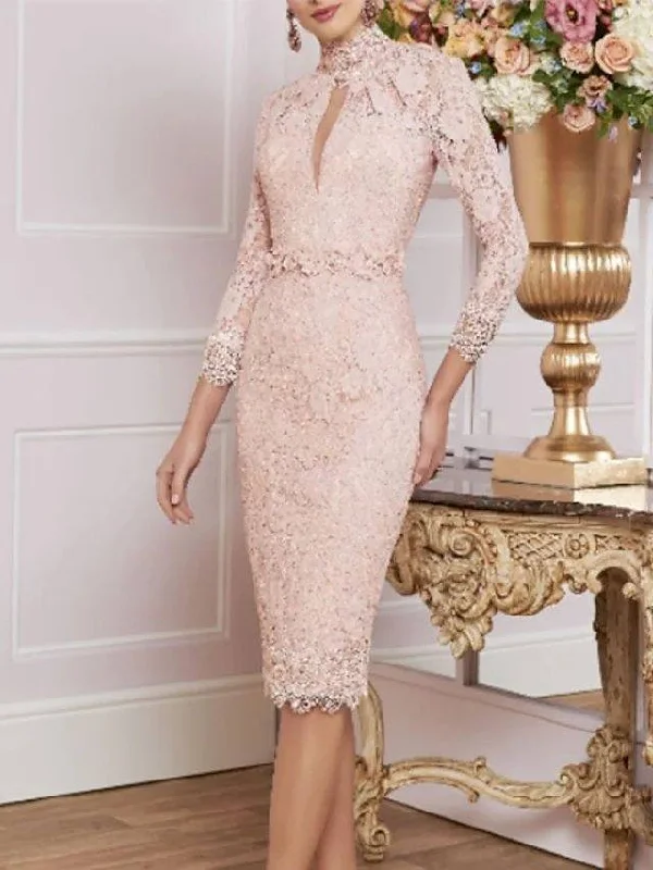 Sheath / Column Mother of the Bride Dress Plus Size High Neck Knee Length Lace 3/4 Length Sleeve with Appliques Sheath / Column Mother of the Bride Dress Plus Size High Neck Knee Length Lace 3/4 Length Sleeve with Appliques