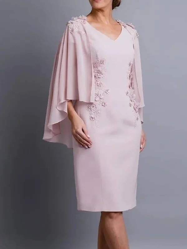 Sheath / Column Mother of the Bride Dress Elegant V Neck Knee Length Chiffon 3/4 Length Sleeve with Appliques Sheath / Column Mother of the Bride Dress Elegant V Neck Knee Length Chiffon 3/4 Length Sleeve with Appliques