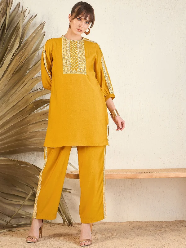 Women's Runway Dreams Yellow Solid Co-Ords With Trousers Set - Indo Era Trousers Harem Relaxed Fit