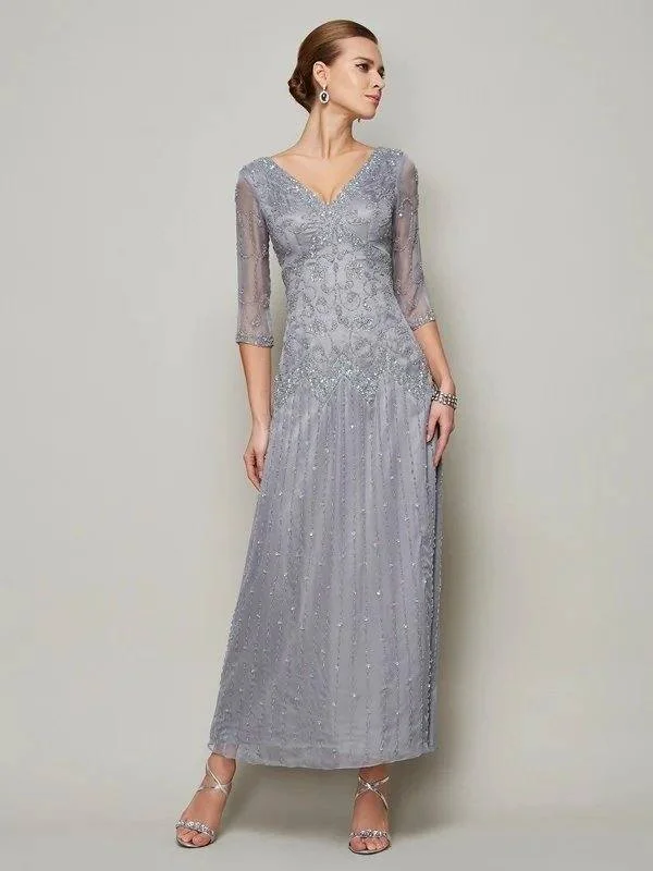 Sheath/Column V-neck 1/2 Sleeves Beading Long Elastic Woven Satin Mother of the Bride Dresses Sheath/Column V-neck 1/2 Sleeves Beading Long Elastic Woven Satin Mother of the Bride Dresses