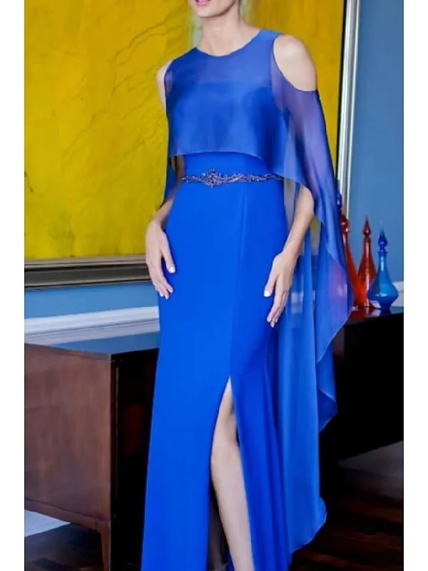 A-Line Mother of the Bride Dress Elegant Jewel Neck Floor Length Satin Charmeuse Short Sleeve with Split Front Ruching A-Line Mother of the Bride Dress Elegant Jewel Neck Floor Length Satin Charmeuse Short Sleeve with Split Front Ruching