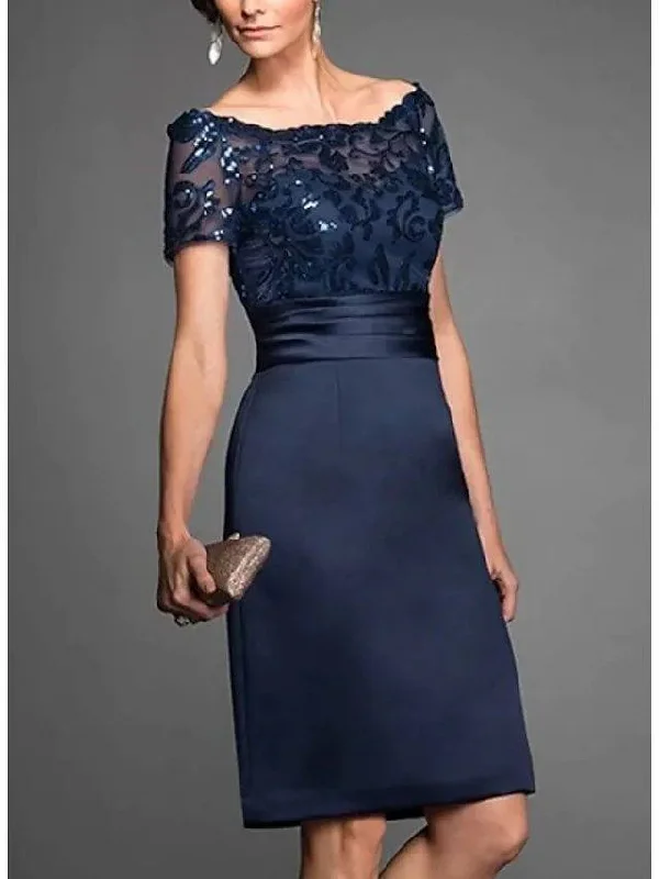 Sheath / Column Mother of the Bride Dress Elegant Off Shoulder Knee Length Chiffon Lace Tulle Short Sleeve with Lace Sequin Sheath / Column Mother of the Bride Dress Elegant Off Shoulder Knee Length Chiffon Lace Tulle Short Sleeve with Lace Sequin