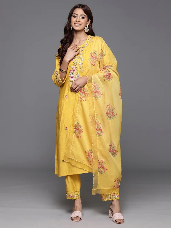 Women's Yellow Embroidered Straight Kurta Trousers With Dupatta Set - Indo Era Trousers Tapered Slim Fit