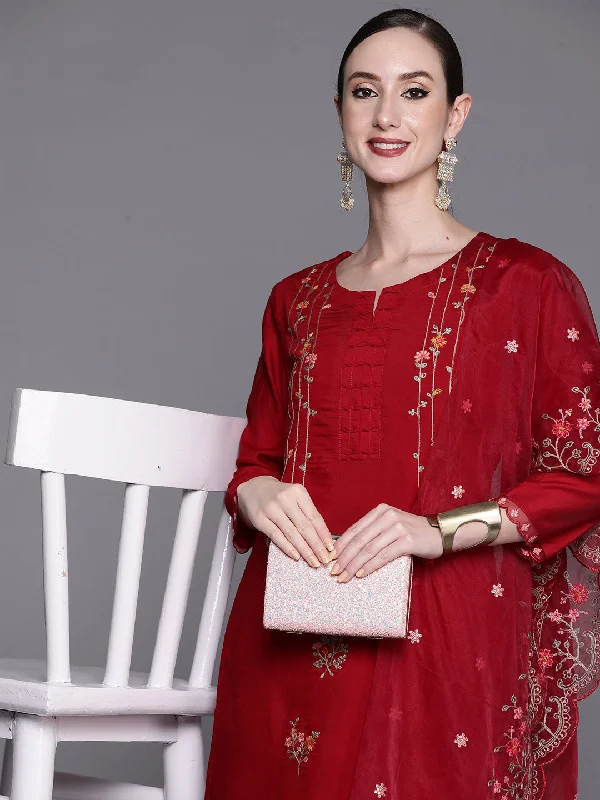 Women's Red Embroidered Straight Kurta Trousers With Dupatta Set - Indo Era Trousers New Arrival