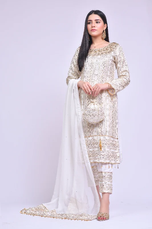 Off White Kameez Trouser Dupatta Pakistani Eid Dress Trousers Lace Delicate