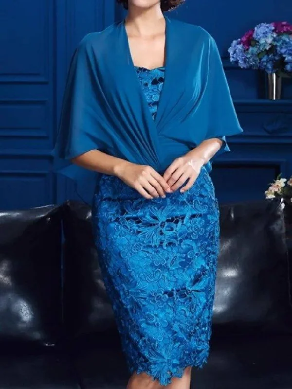 Two Piece A-Line Mother of the Bride Dress Elegant Jewel Neck Knee Length Chiffon Lace Half Sleeve with Appliques Two Piece A-Line Mother of the Bride Dress Elegant Jewel Neck Knee Length Chiffon Lace Half Sleeve with Appliques