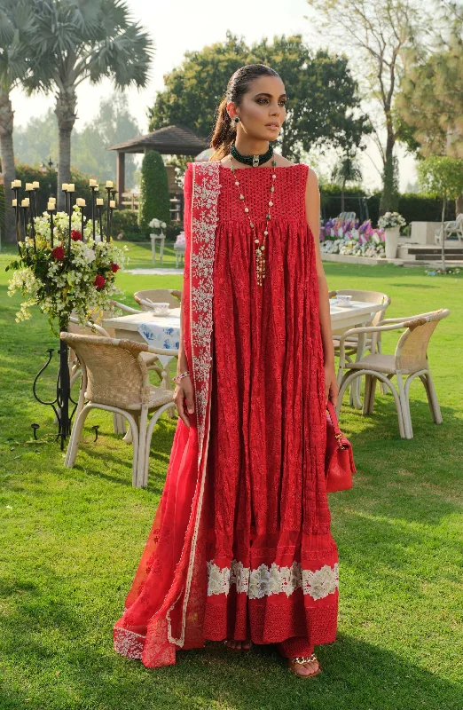 Traditional Frock Trouser Pakistani Eid Dress in Red Trousers Evening Elegant