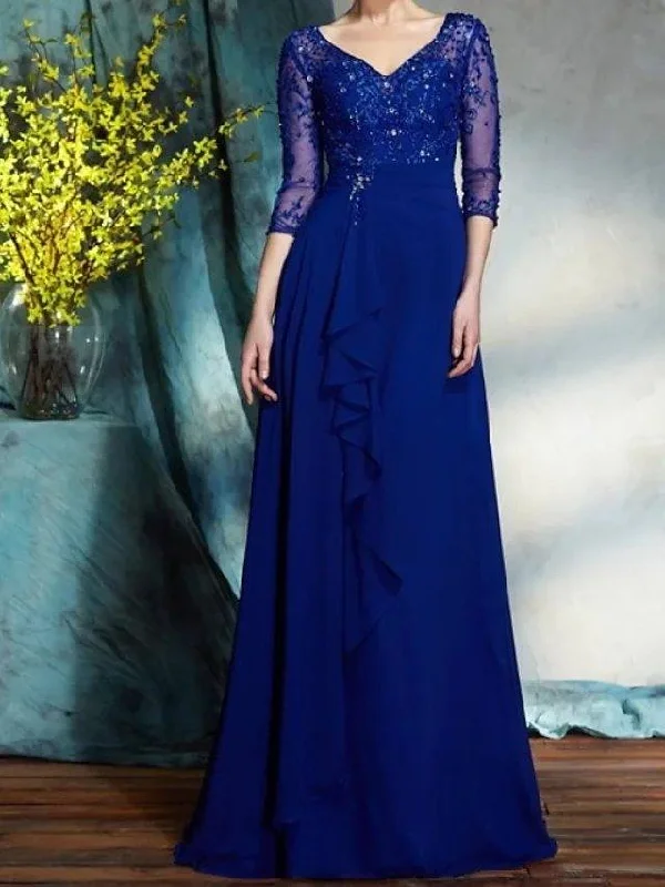 A-Line Mother of the Bride Dress Elegant V Neck Floor Length Chiffon Lace Half Sleeve with Pleats Sequin A-Line Mother of the Bride Dress Elegant V Neck Floor Length Chiffon Lace Half Sleeve with Pleats Sequin