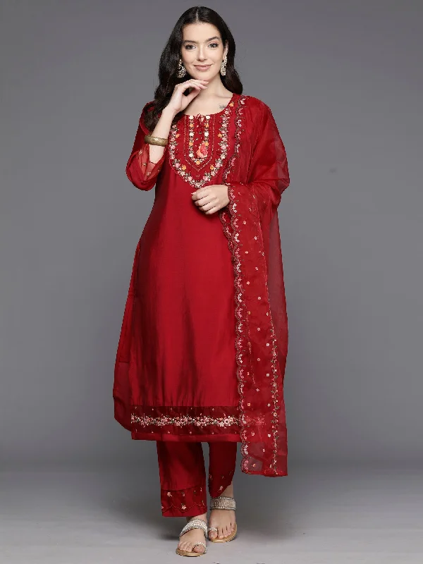 Women's Red Embroidered A-Line Kurta Trousers With Dupatta Set - Indo Era Trousers Fall Fleece