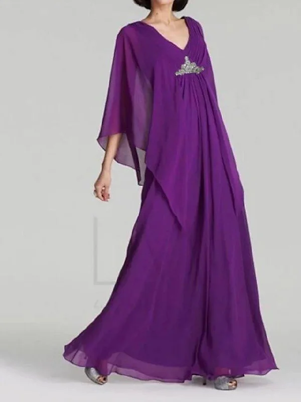 A-Line Mother of the Bride Dress Elegant V Neck Floor Length Chiffon 3/4 Length Sleeve with Beading Sequin A-Line Mother of the Bride Dress Elegant V Neck Floor Length Chiffon 3/4 Length Sleeve with Beading Sequin