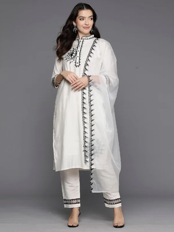 Women's Cream Embroidered Straight Kurta Trousers With Dupatta Set - Indo Era Chinos Cotton Straight Leg