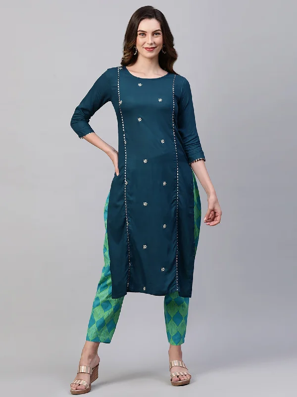 Women's Teal Embroidred Straight Kurta With Printed Trouser Set  - Indo Era High Waist Slim Fit Ankle Length