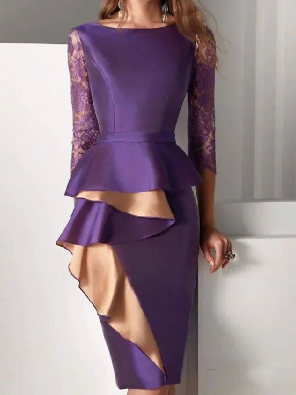 Sheath / Column Mother of the Bride Dress Elegant Jewel Neck Knee Length Lace Satin Long Sleeve with Ruffles Sheath / Column Mother of the Bride Dress Elegant Jewel Neck Knee Length Lace Satin Long Sleeve with Ruffles